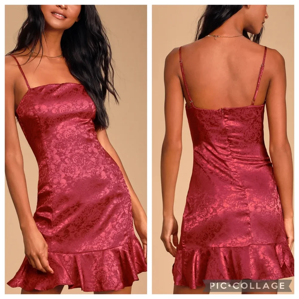 Lulus Kali Floral Satin Ruffle Mini Slip Dress Burgundy Red Size S - Picture 1 of 13
